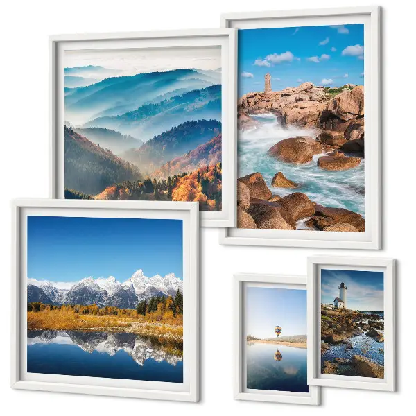 Galeria de quadros para parede com estampas de montanhas naturais e faróis à beira-mar
