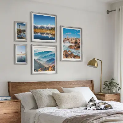 Galeria de quadros para parede com estampas de montanhas naturais e faróis à beira-mar