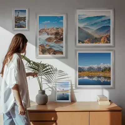 Galeria de quadros para parede com estampas de montanhas naturais e faróis à beira-mar