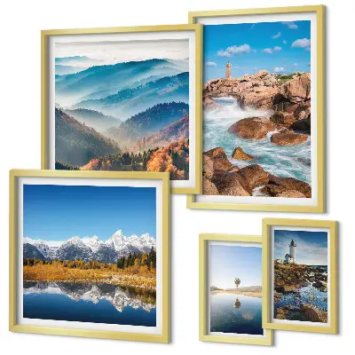 Galeria de quadros para parede com estampas de montanhas naturais e faróis à beira-mar