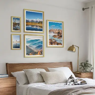 Galeria de quadros para parede com estampas de montanhas naturais e faróis à beira-mar