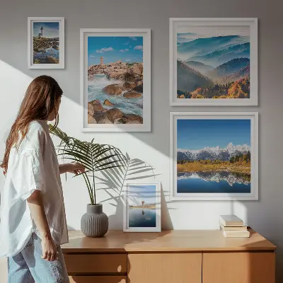 Galeria de quadros para parede com estampas de montanhas naturais e faróis à beira-mar