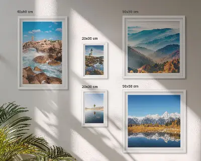 Galeria de quadros para parede com estampas de montanhas naturais e faróis à beira-mar