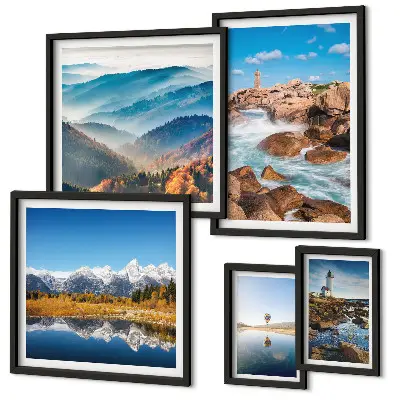 Galeria de quadros para parede com estampas de montanhas naturais e faróis à beira-mar