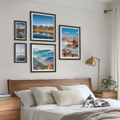 Galeria de quadros para parede com estampas de montanhas naturais e faróis à beira-mar