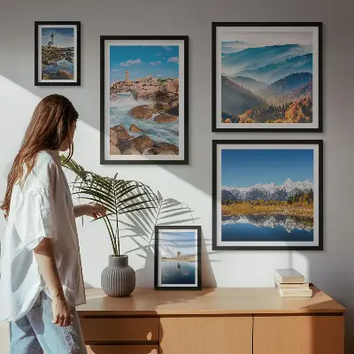 Galeria de quadros para parede com estampas de montanhas naturais e faróis à beira-mar