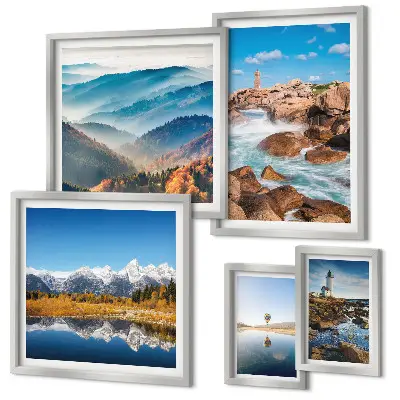 Galeria de quadros para parede com estampas de montanhas naturais e faróis à beira-mar