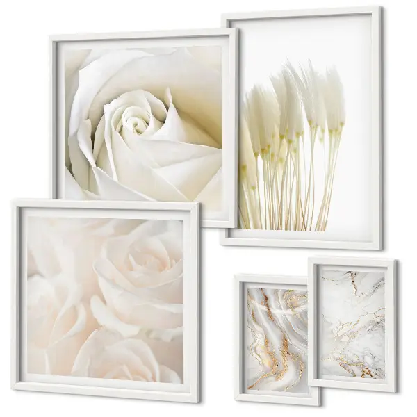 Conjunto de 5 quadros com moldura com detalhes em mármore rosa e branco