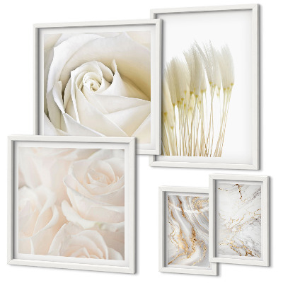 Conjunto de 5 quadros com moldura Detalhes em mármore rosa branco