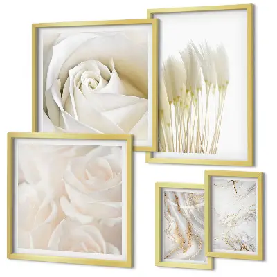 Conjunto de 5 quadros com moldura com detalhes em mármore rosa e branco