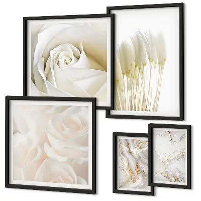 Conjunto de 5 quadros com moldura com detalhes em mármore rosa e branco