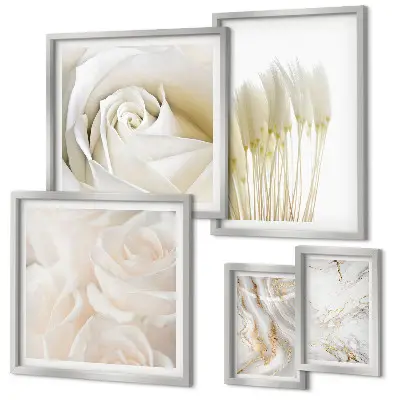 Conjunto de 5 quadros com moldura com detalhes em mármore rosa e branco