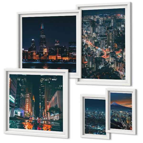 Conjunto de 5 quadros decorativos Vistas noturnas de cidades modernas