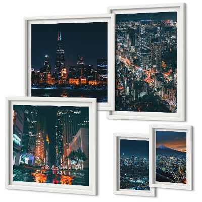Conjunto de 5 quadros decorativos Vistas noturnas de cidades modernas