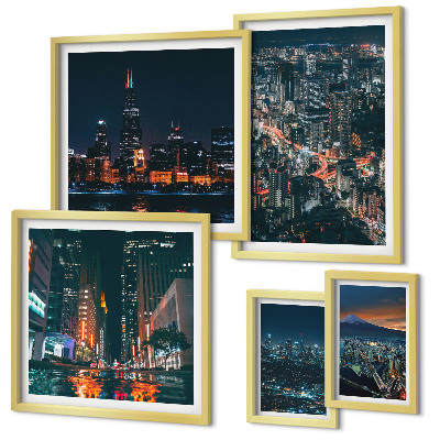 Conjunto de 5 quadros decorativos Vistas noturnas de cidades modernas