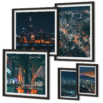Conjunto de 5 quadros decorativos Vistas noturnas de cidades modernas