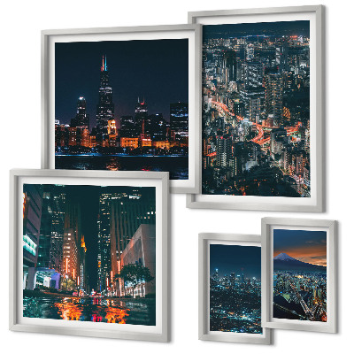 Conjunto de 5 quadros decorativos Vistas noturnas de cidades modernas