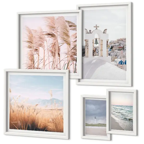Galeria de quadros de parede com paisagens litorâneas elegantes