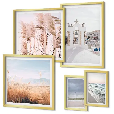 Galeria de quadros de parede com paisagens litorâneas elegantes
