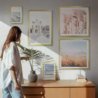 Galeria de quadros de parede com paisagens litorâneas elegantes