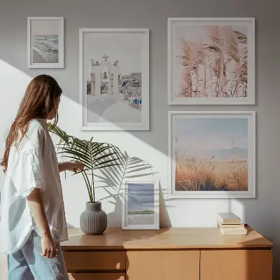 Galeria de quadros de parede com paisagens litorâneas elegantes