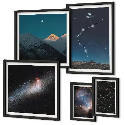 Conjunto de 5 quadros decorativos com paisagens cósmicas de galáxias
