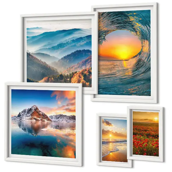 Conjunto de 5 quadros com moldura de paisagens naturais com mar, montanhas e flores