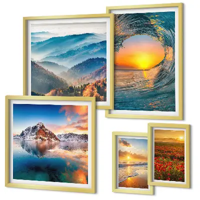 Conjunto de 5 quadros com moldura de paisagens naturais com mar, montanhas e flores