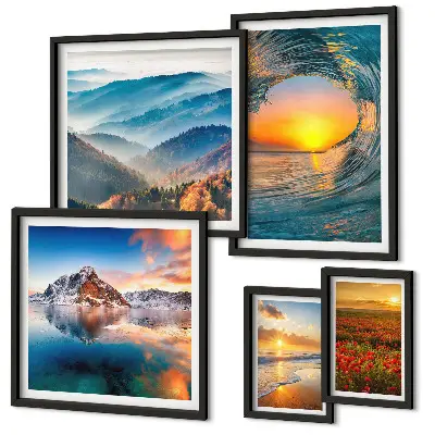 Conjunto de 5 quadros com moldura de paisagens naturais com mar, montanhas e flores