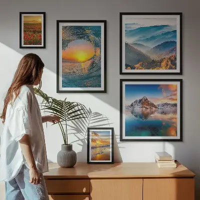 Conjunto de 5 quadros com moldura de paisagens naturais com mar, montanhas e flores