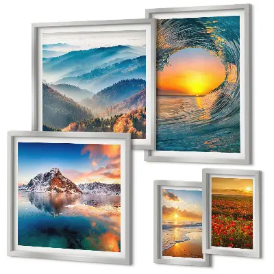 Conjunto de 5 quadros com moldura de paisagens naturais com mar, montanhas e flores