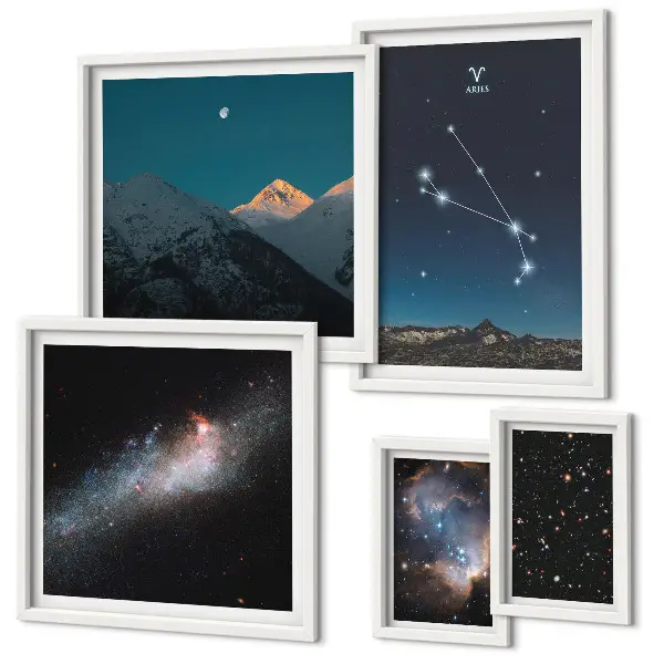 Conjunto de 5 quadros decorativos com estampas de visões cósmicas de galáxias