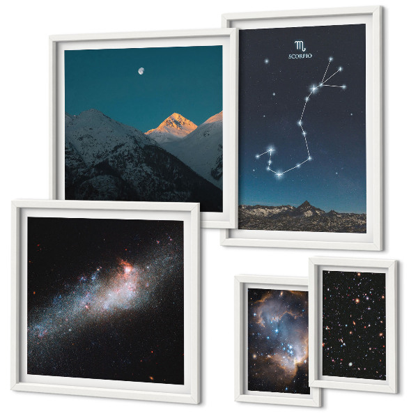 Conjunto de 5 quadros com moldura Paisagens cósmicas à noite
