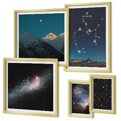 Conjunto de 5 quadros decorativos com paisagens cósmicas da galáxia