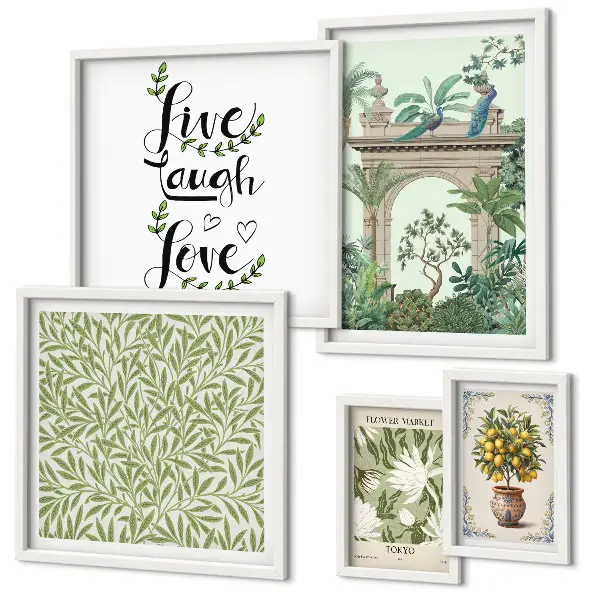 Galeria de parede com detalhes boho e motivos de plantas
