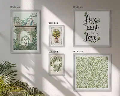 Galeria de parede com detalhes boho e motivos de plantas