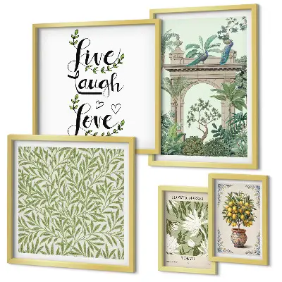 Galeria de parede com detalhes boho e motivos de plantas