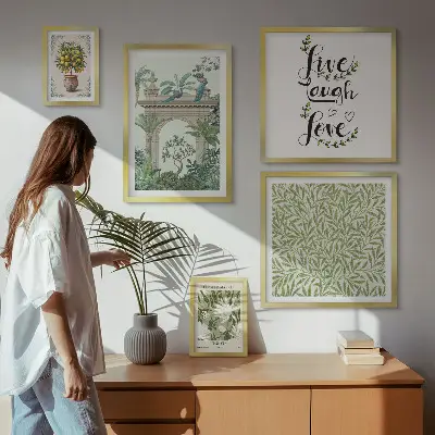Galeria de parede com detalhes boho e motivos de plantas