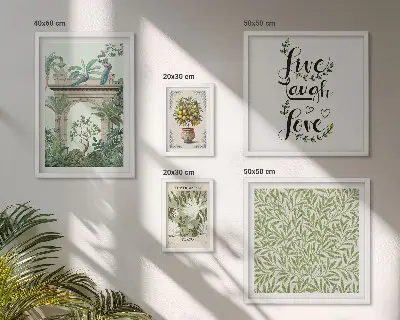 Galeria de parede com detalhes boho e motivos de plantas