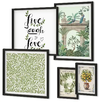 Galeria de parede com detalhes boho e motivos de plantas