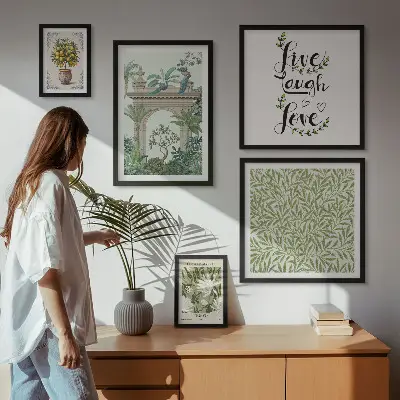 Galeria de parede com detalhes boho e motivos de plantas