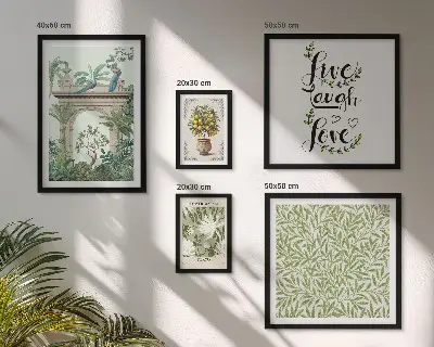 Galeria de parede com detalhes boho e motivos de plantas