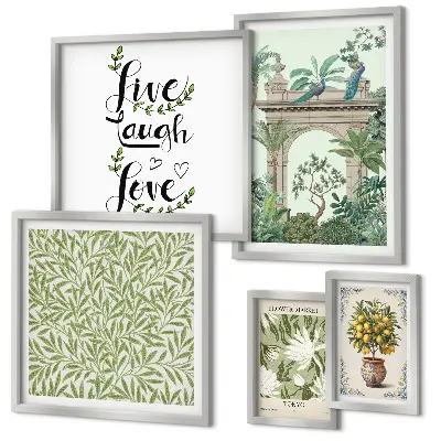 Galeria de parede com detalhes boho e motivos de plantas