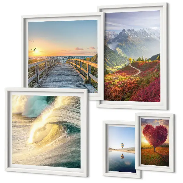 Galeria de quadros para parede com estampas de paisagens, montanhas, corações, ondas e balões