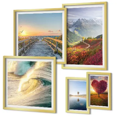 Galeria de quadros para parede com estampas de paisagens, montanhas, corações, ondas e balões