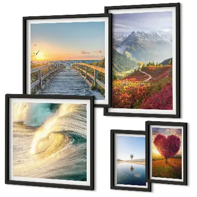 Galeria de quadros para parede com estampas de paisagens, montanhas, corações, ondas e balões