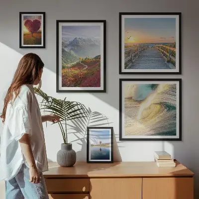 Galeria de quadros para parede com estampas de paisagens, montanhas, corações, ondas e balões