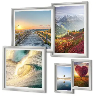 Galeria de quadros para parede com estampas de paisagens, montanhas, corações, ondas e balões