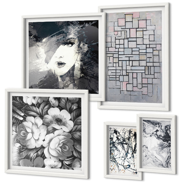 Conjunto de 5 quadros com moldura Retrato moderno de flores abstratas
