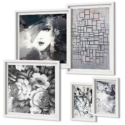 Conjunto de 5 quadros com moldura Retrato moderno de flores abstratas
